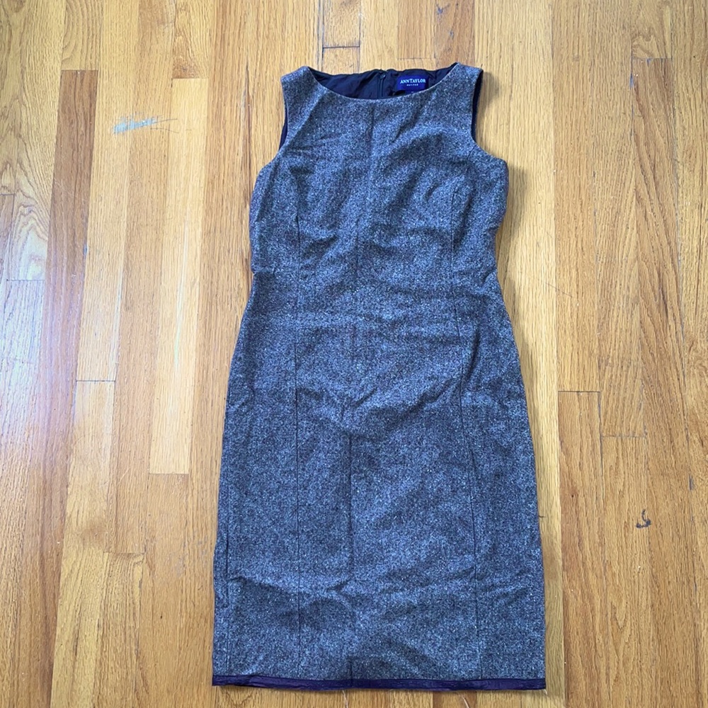 Ann Taylor grey wool sleeveless sheath dress brown petite 4P